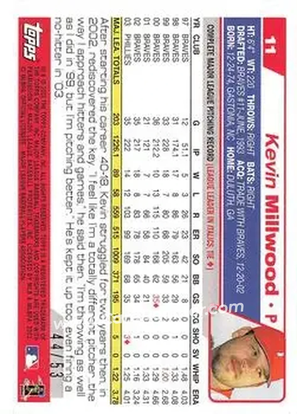 2004 Topps - Black #11 - Kevin Millwood - Philadelphia Phillies - Back