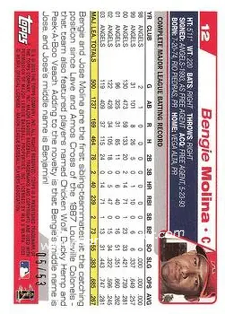 2004 Topps - Black #12 - Bengie Molina - Anaheim Angels - Back