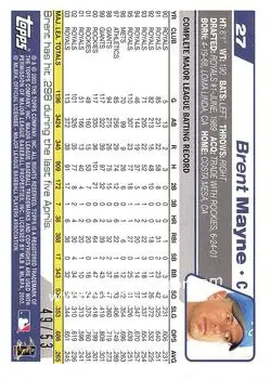 2004 Topps - Black #27 - Brent Mayne - Kansas City Royals - Back 2004 Topps - Black #27 - Brent Mayne - Kansas City Royals - Back