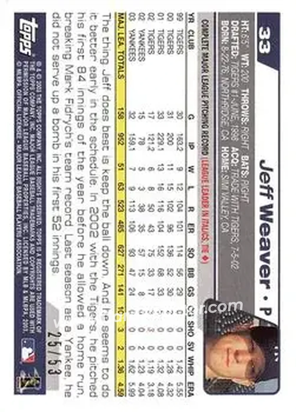 2004 Topps - Black #33 - Jeff Weaver - New York Yankees - Back