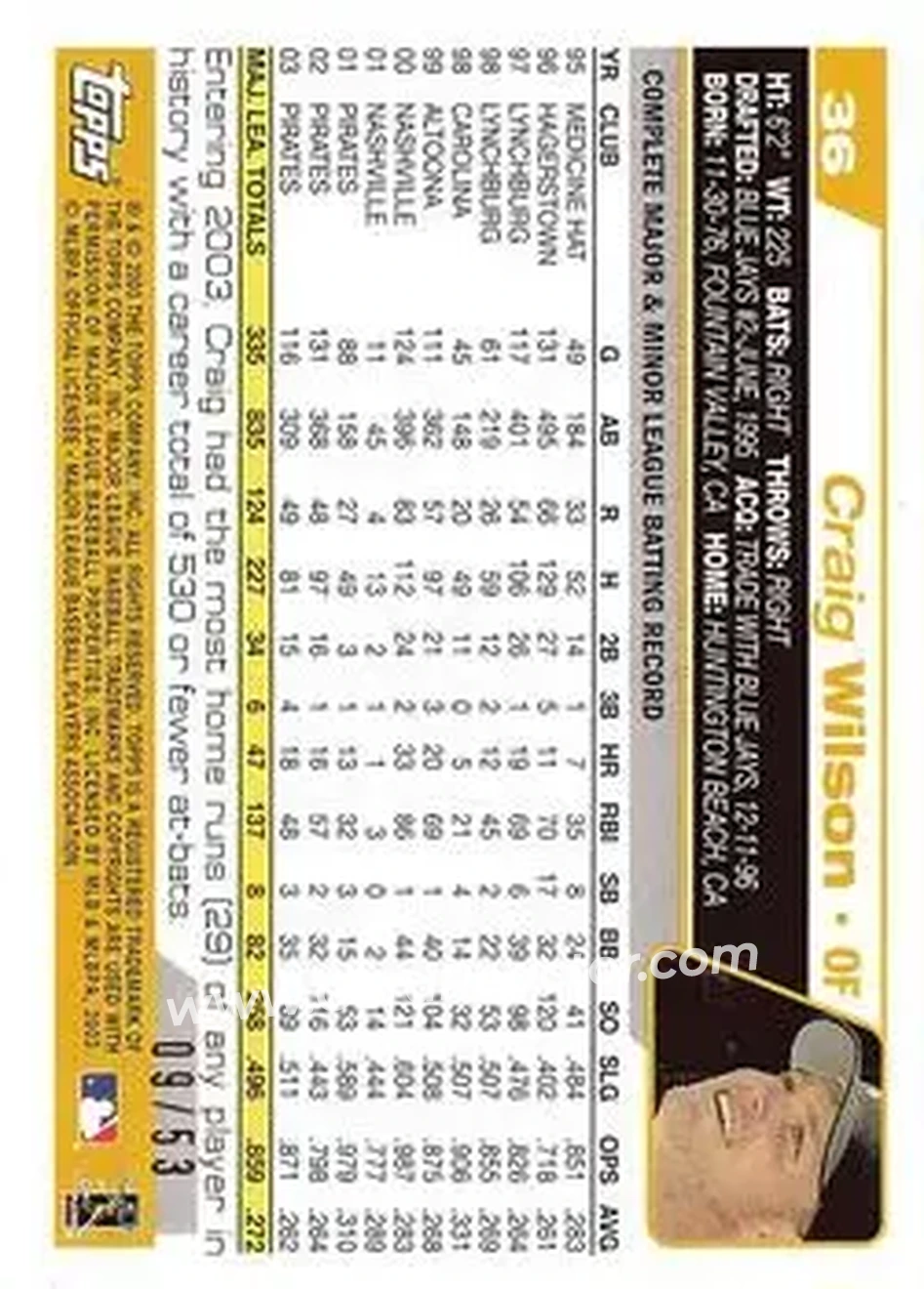 2004 Topps - Black #36 - Craig Wilson - Pittsburgh Pirates - Back