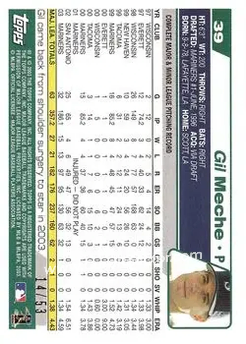 2004 Topps - Black #39 - Gil Meche - Seattle Mariners - Back
