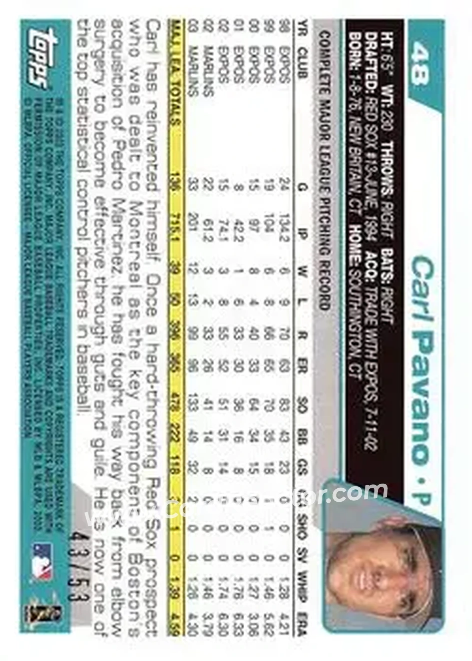 2004 Topps - Black #48 - Carl Pavano - Florida Marlins - Back