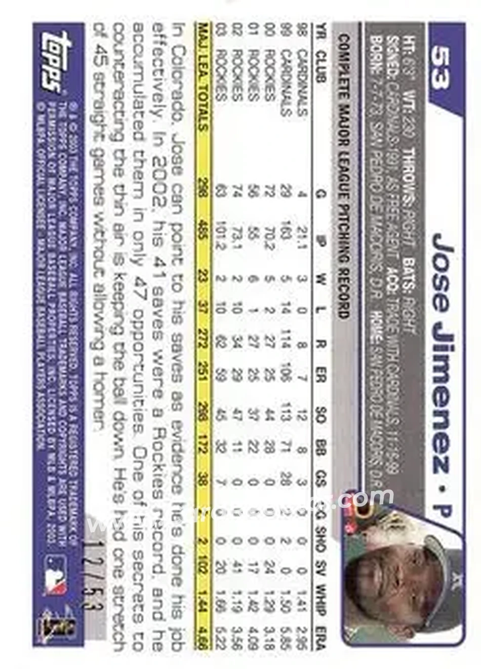 2004 Topps - Black #53 - Jose Jimenez - Colorado Rockies - Back