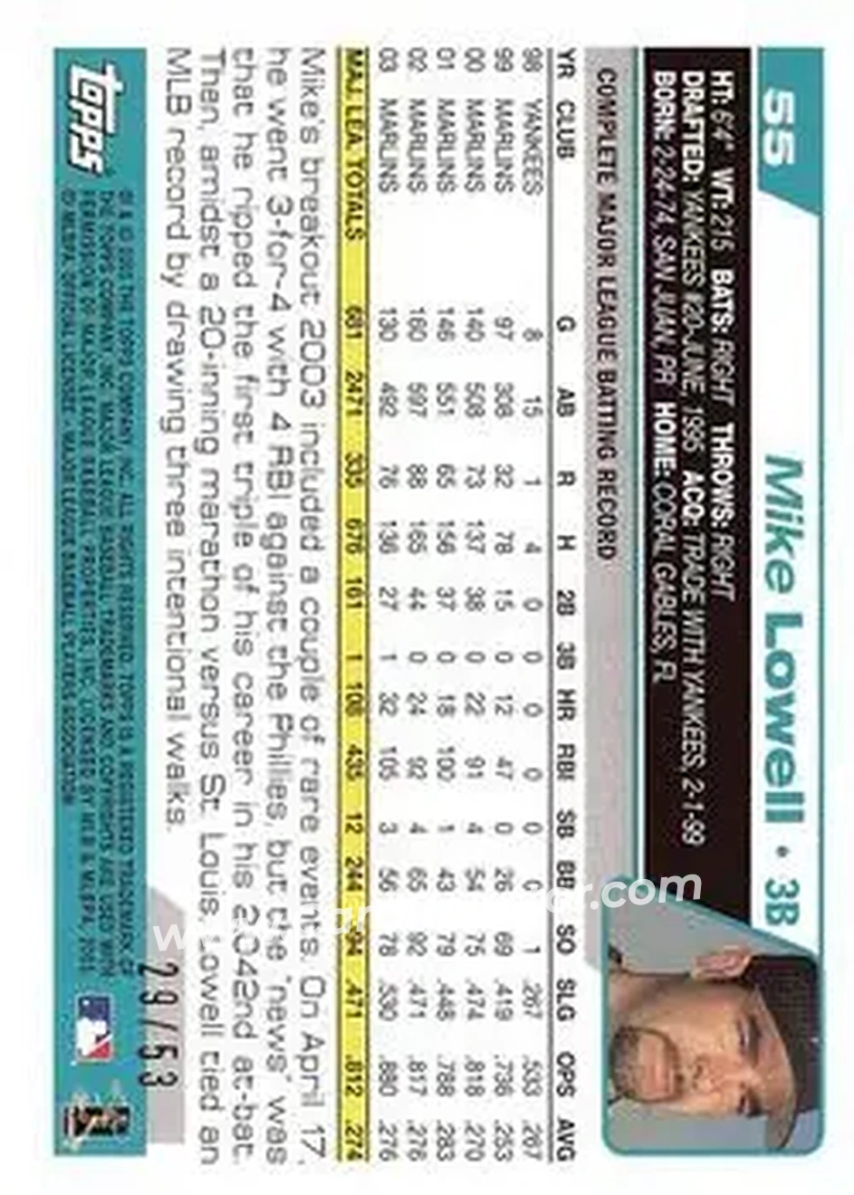 2004 Topps - Black #55 - Mike Lowell - Florida Marlins - Back 2004 Topps - Black #55 - Mike Lowell - Florida Marlins - Back