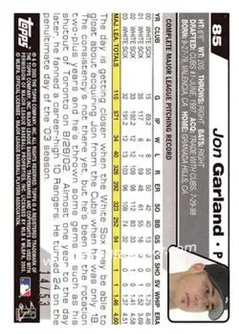 2004 Topps - Black #85 - Jon Garland - Chicago White Sox - Back