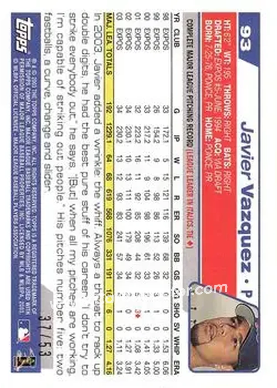 2004 Topps - Black #93 - Javier Vazquez - Montreal Expos - Back 2004 Topps - Black #93 - Javier Vazquez - Montreal Expos - Back