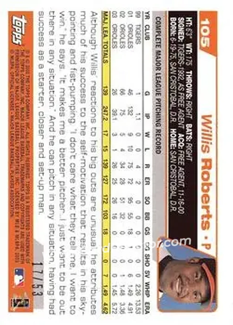 2004 Topps - Black #105 - Willis Roberts - Baltimore Orioles - Back 2004 Topps - Black #105 - Willis Roberts - Baltimore Orioles - Back