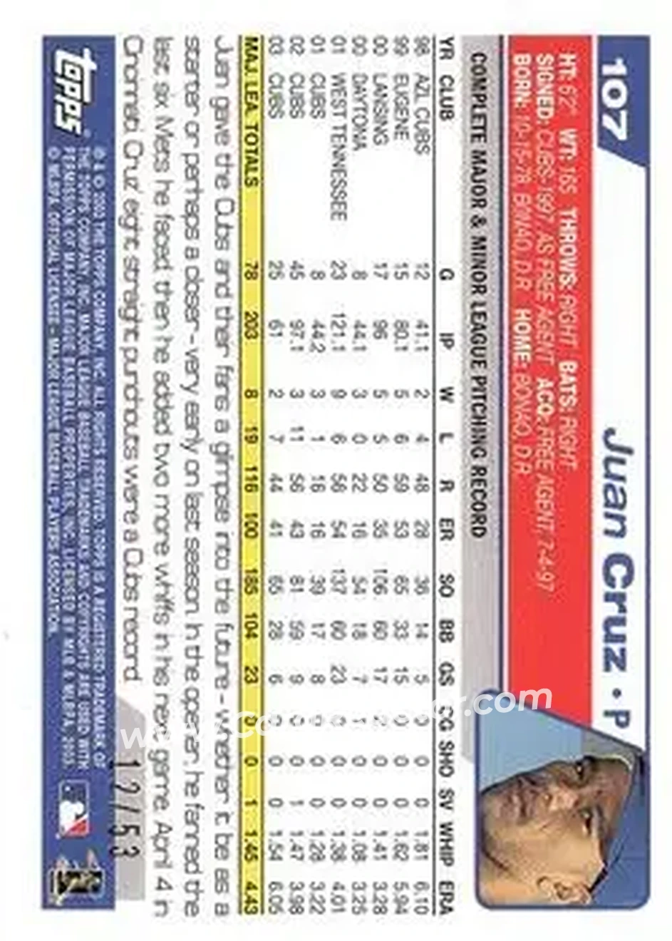 2004 Topps - Black #107 - Juan Cruz - Chicago Cubs - Back