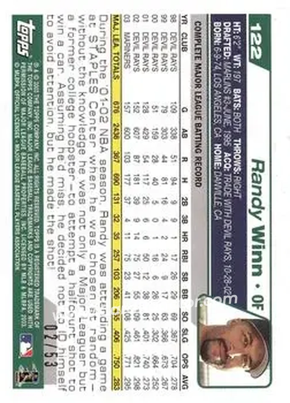 2004 Topps - Black #122 - Randy Winn - Seattle Mariners - Back