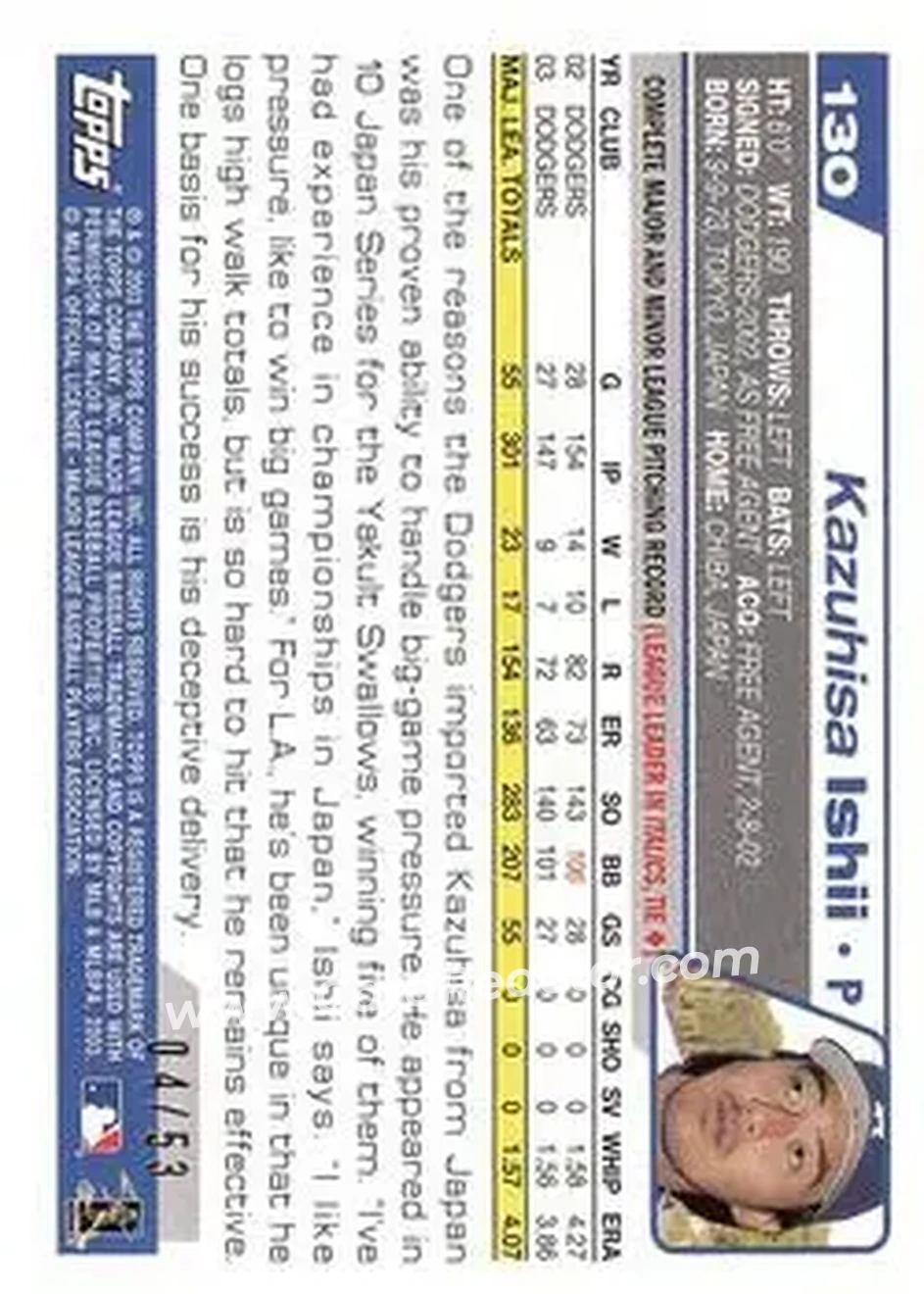 2004 Topps - Black #130 - Kazuhisa Ishii - Los Angeles Dodgers - Back