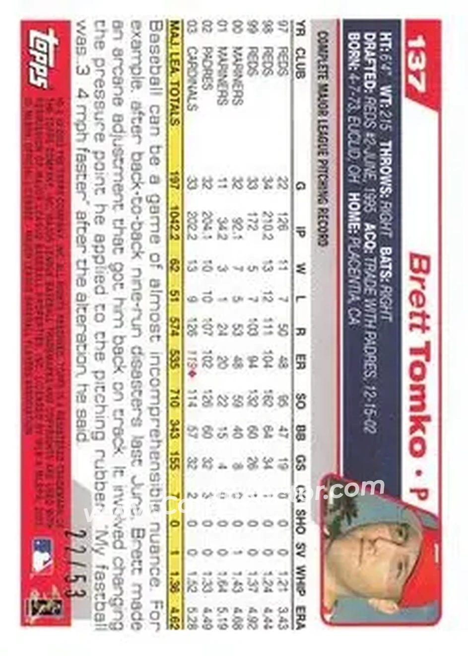 2004 Topps - Black #137 - Brett Tomko - St. Louis Cardinals - Back 2004 Topps - Black #137 - Brett Tomko - St. Louis Cardinals - Back