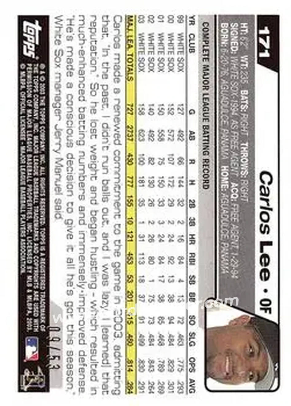 2004 Topps - Black #171 - Carlos Lee - Chicago White Sox - Back