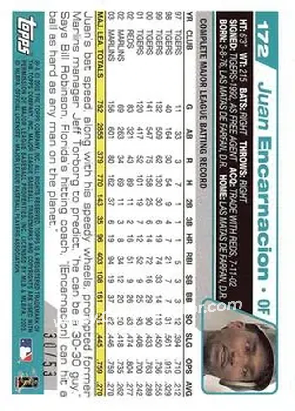2004 Topps - Black #172 - Juan Encarnacion - Florida Marlins - Back