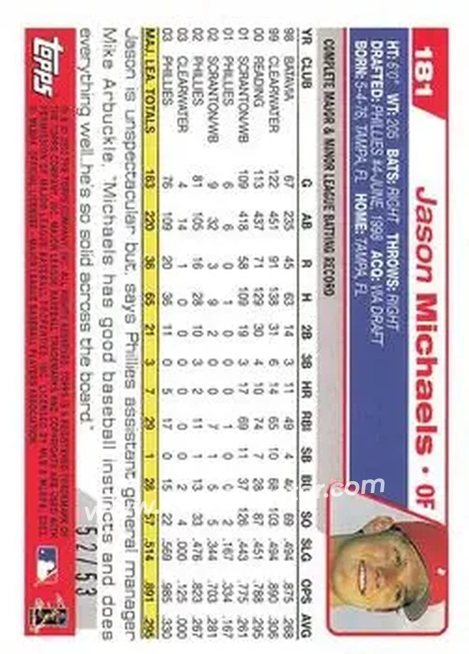 2004 Topps - Black #181 - Jason Michaels - Philadelphia Phillies - Back