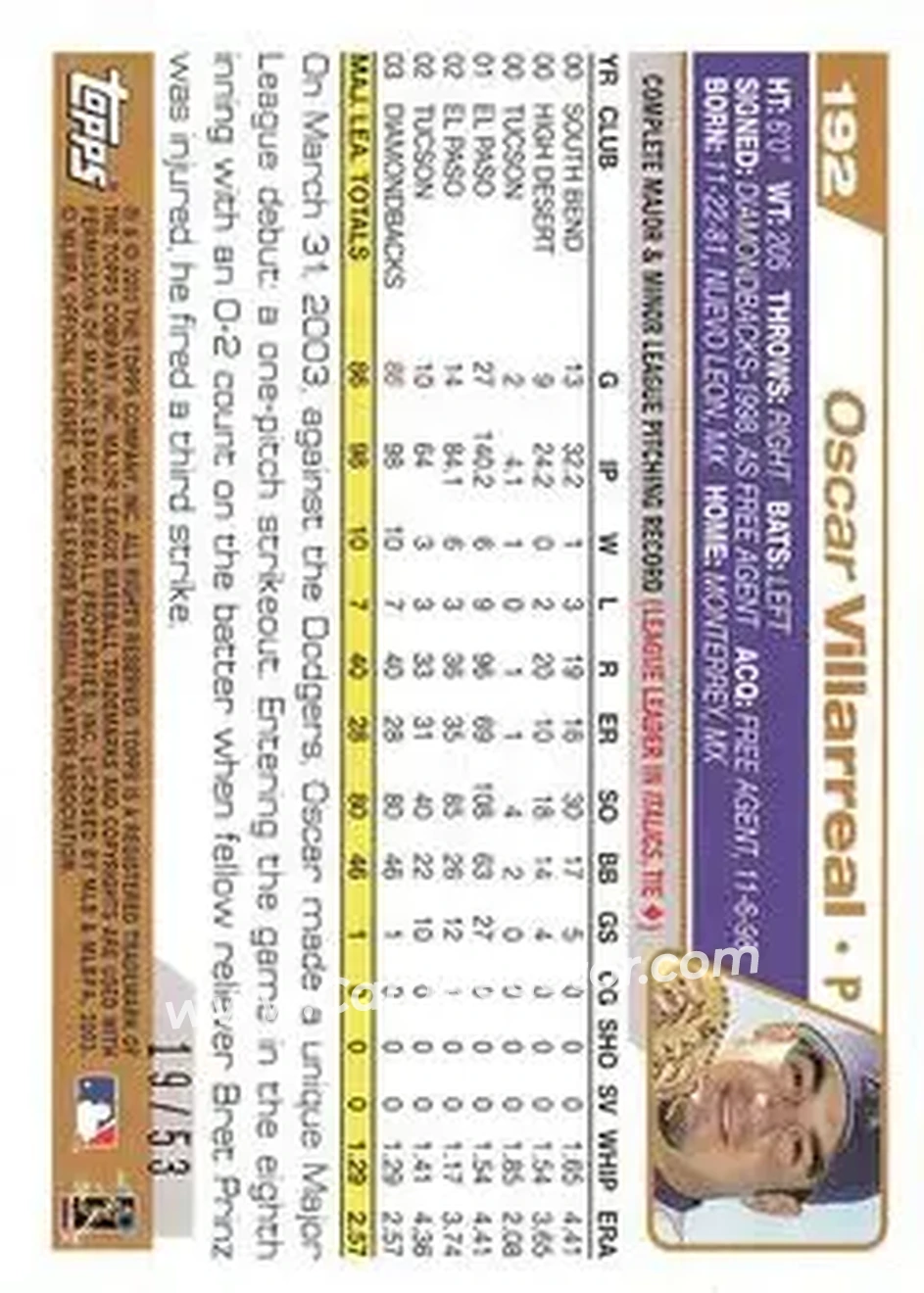 2004 Topps - Black #192 - Oscar Villarreal - Arizona Diamondbacks - Back