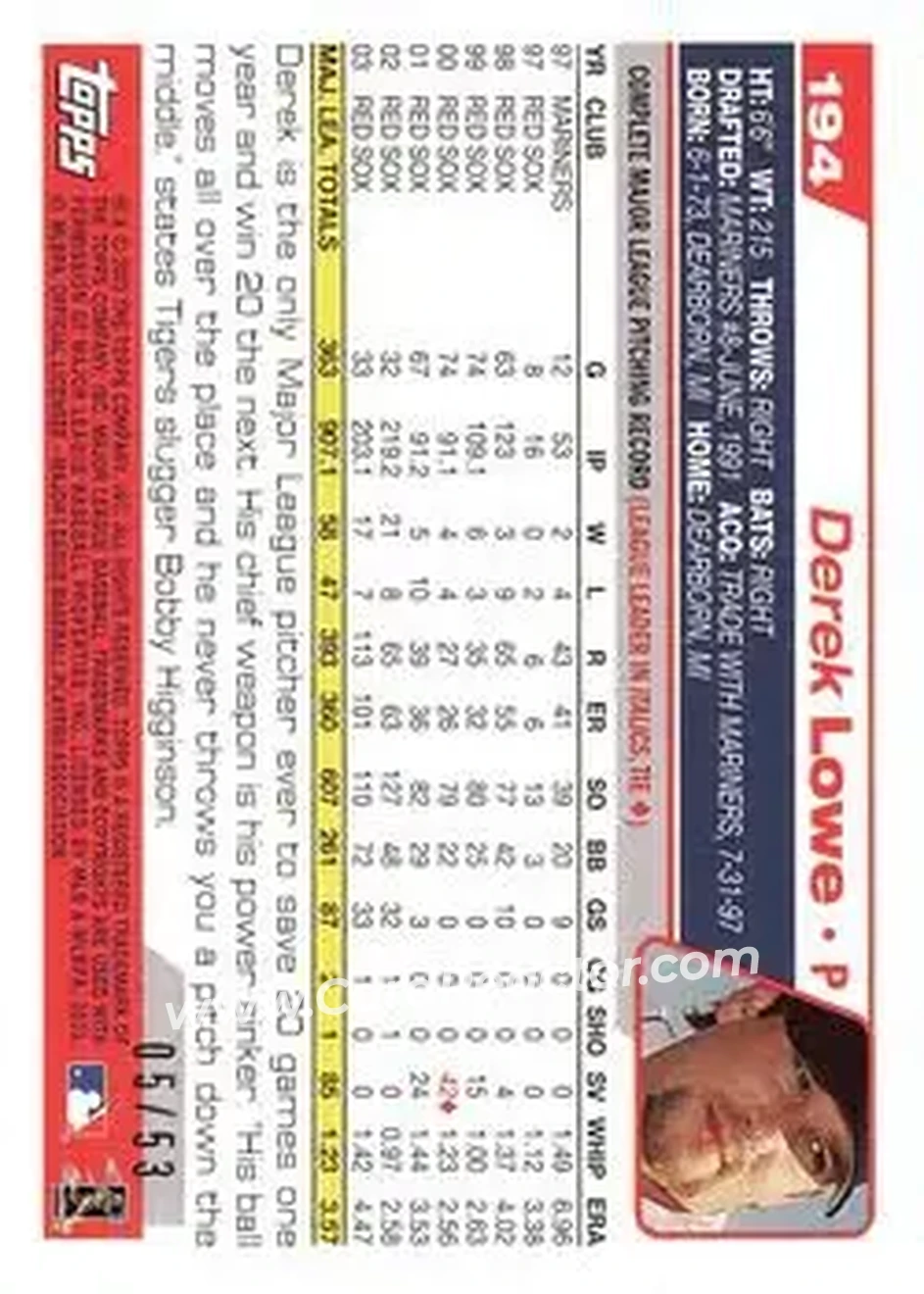 2004 Topps - Black #194 - Derek Lowe - Boston Red Sox - Back