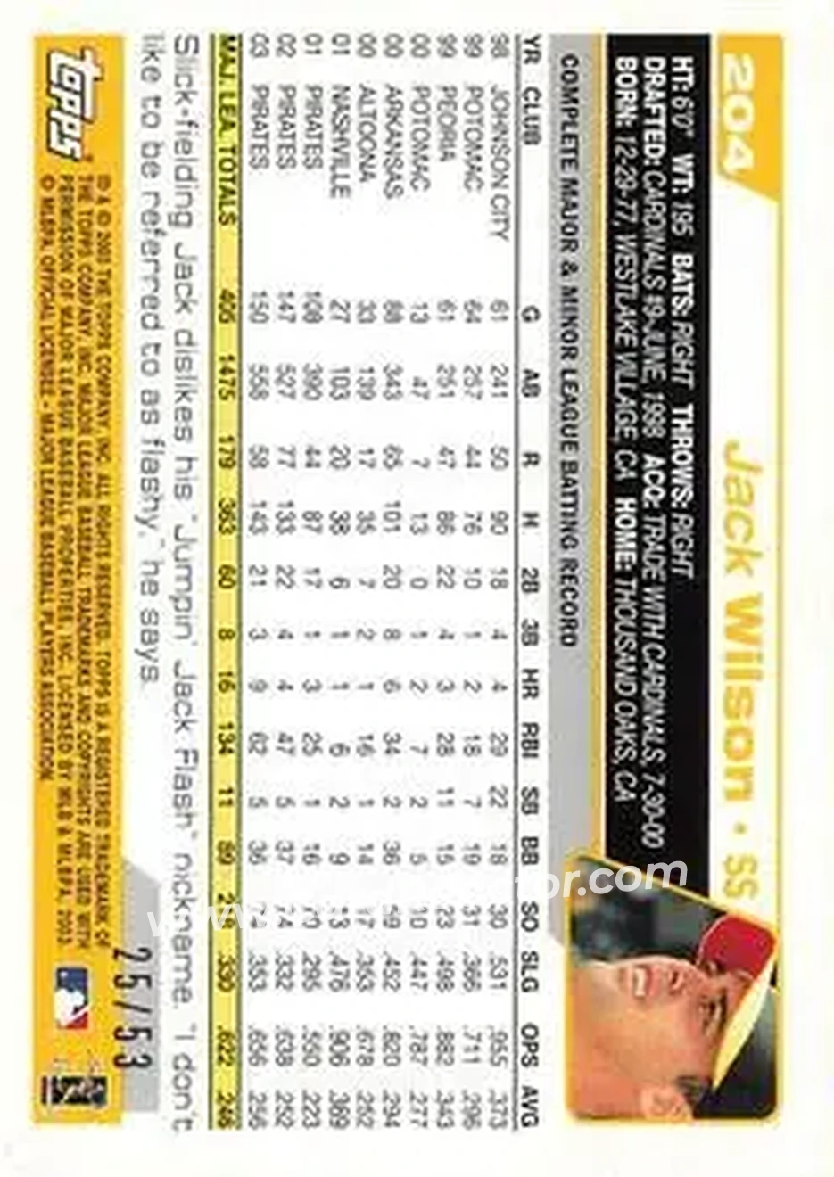 2004 Topps - Black #204 - Jack Wilson - Pittsburgh Pirates - Back 2004 Topps - Black #204 - Jack Wilson - Pittsburgh Pirates - Back