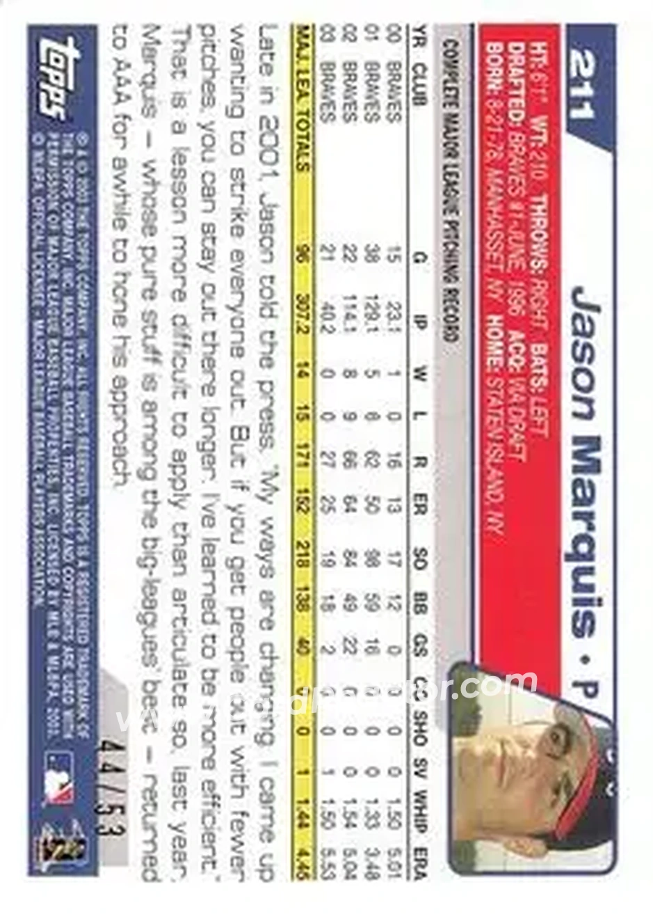 2004 Topps - Black #211 - Jason Marquis - Atlanta Braves - Back