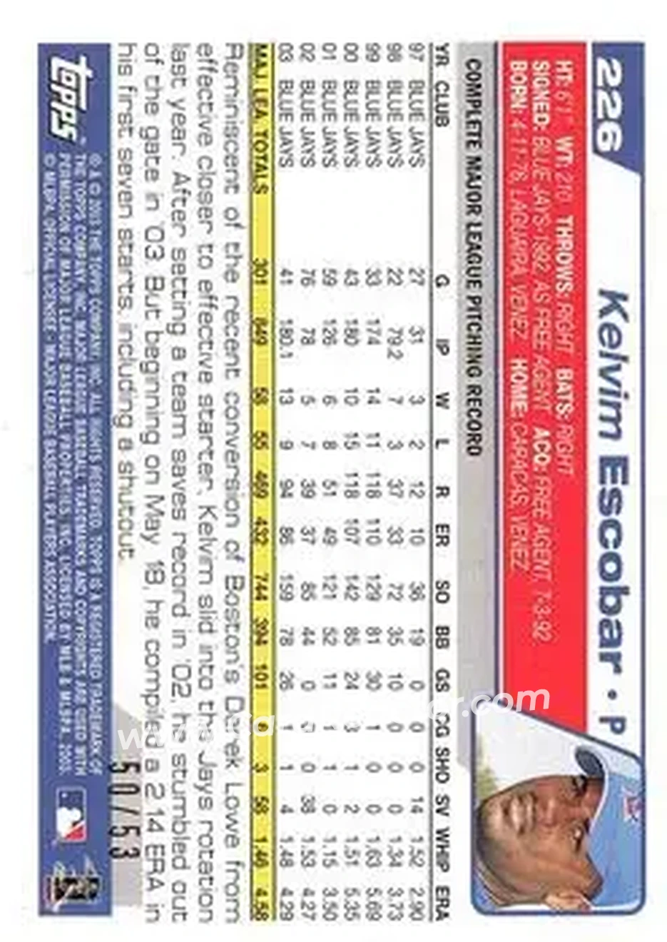 2004 Topps - Black #226 - Kelvim Escobar - Toronto Blue Jays - Back