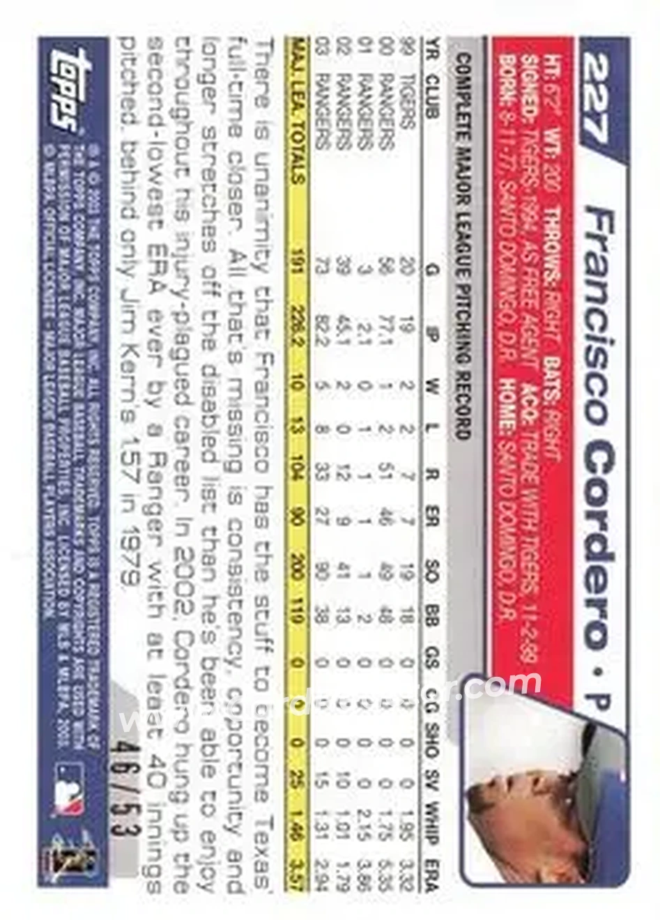 2004 Topps - Black #227 - Francisco Cordero - Texas Rangers - Back 2004 Topps - Black #227 - Francisco Cordero - Texas Rangers - Back