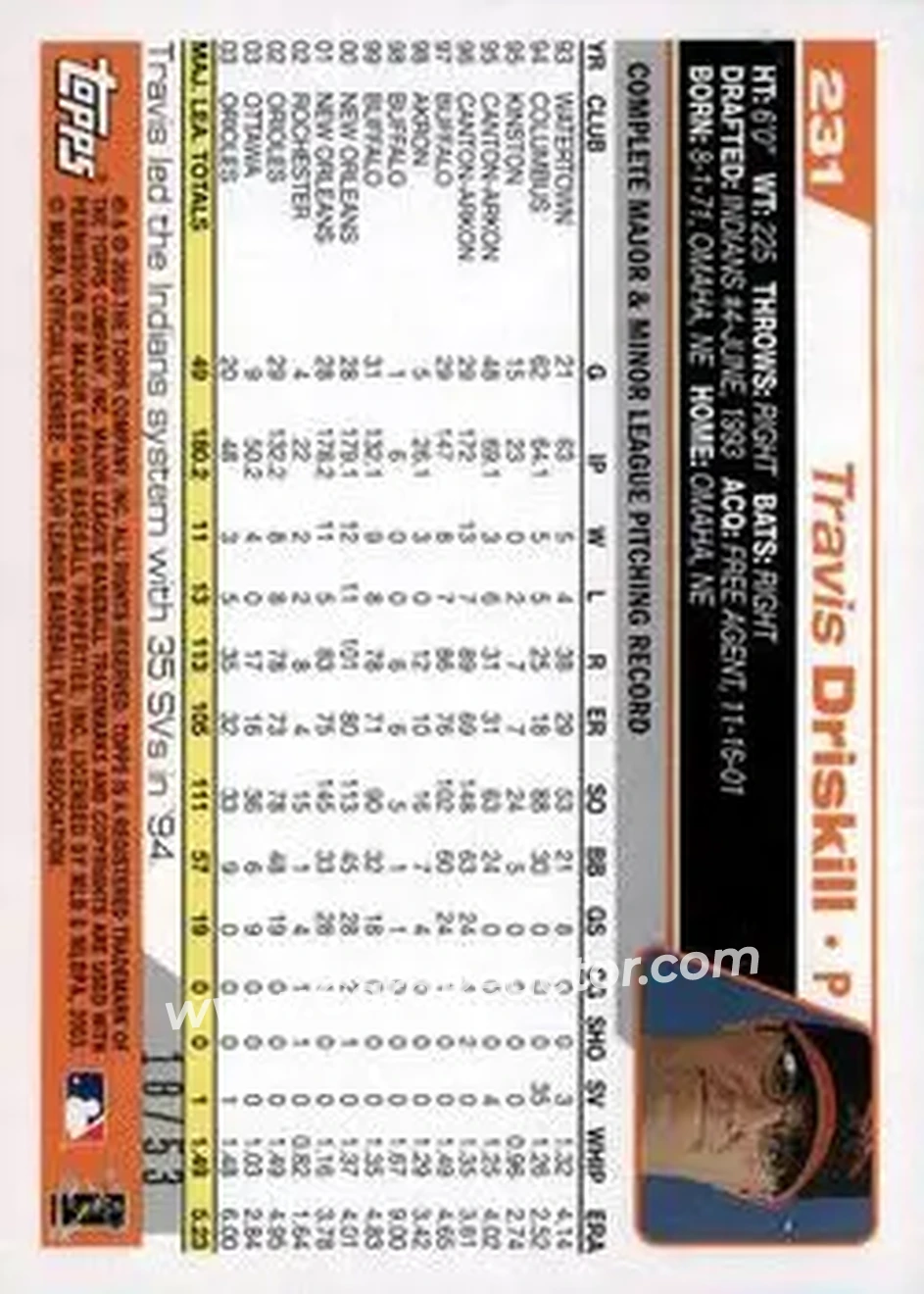 2004 Topps - Black #231 - Travis Driskill - Baltimore Orioles - Back