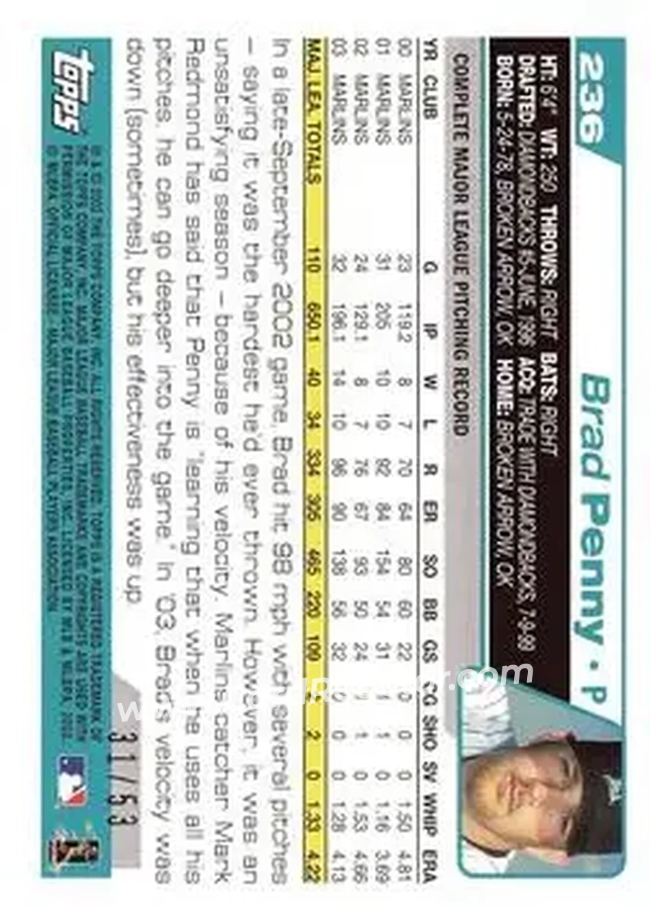 2004 Topps - Black #236 - Brad Penny - Florida Marlins - Back