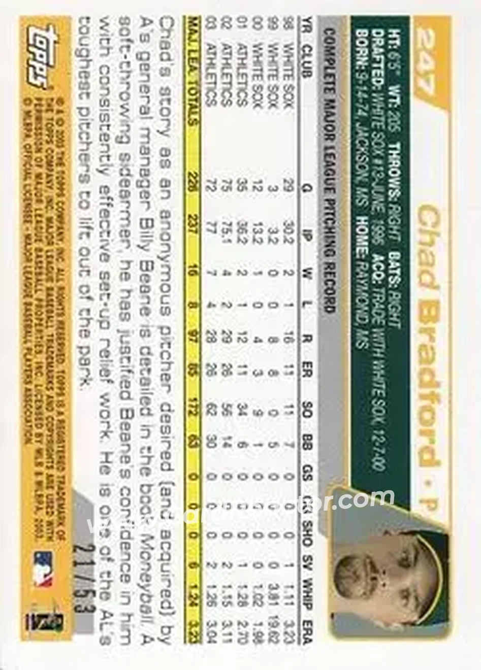 2004 Topps - Black #247 - Chad Bradford - Oakland Athletics - Back