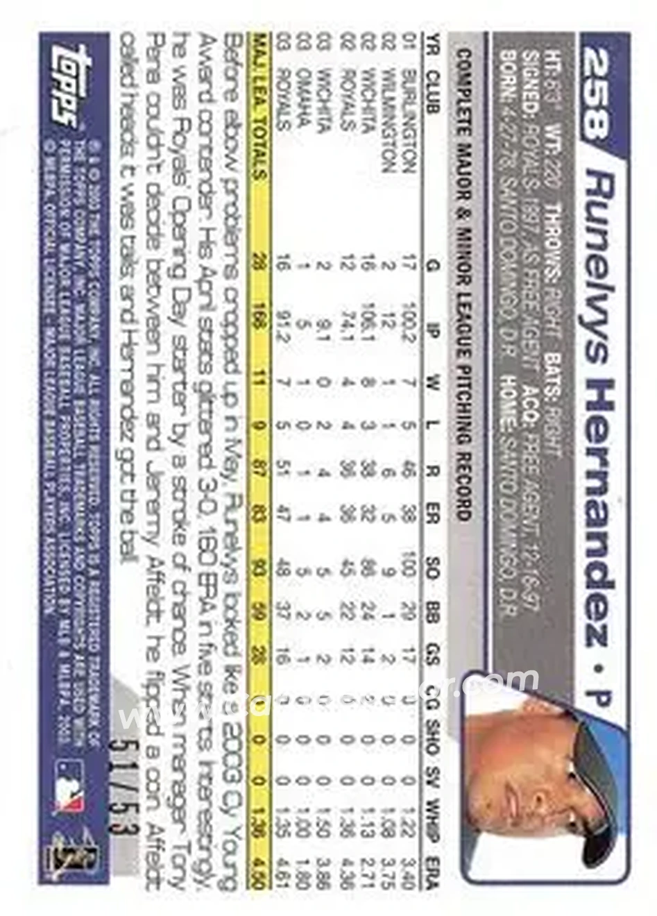 2004 Topps - Black #258 - Runelvys Hernandez - Kansas City Royals - Back