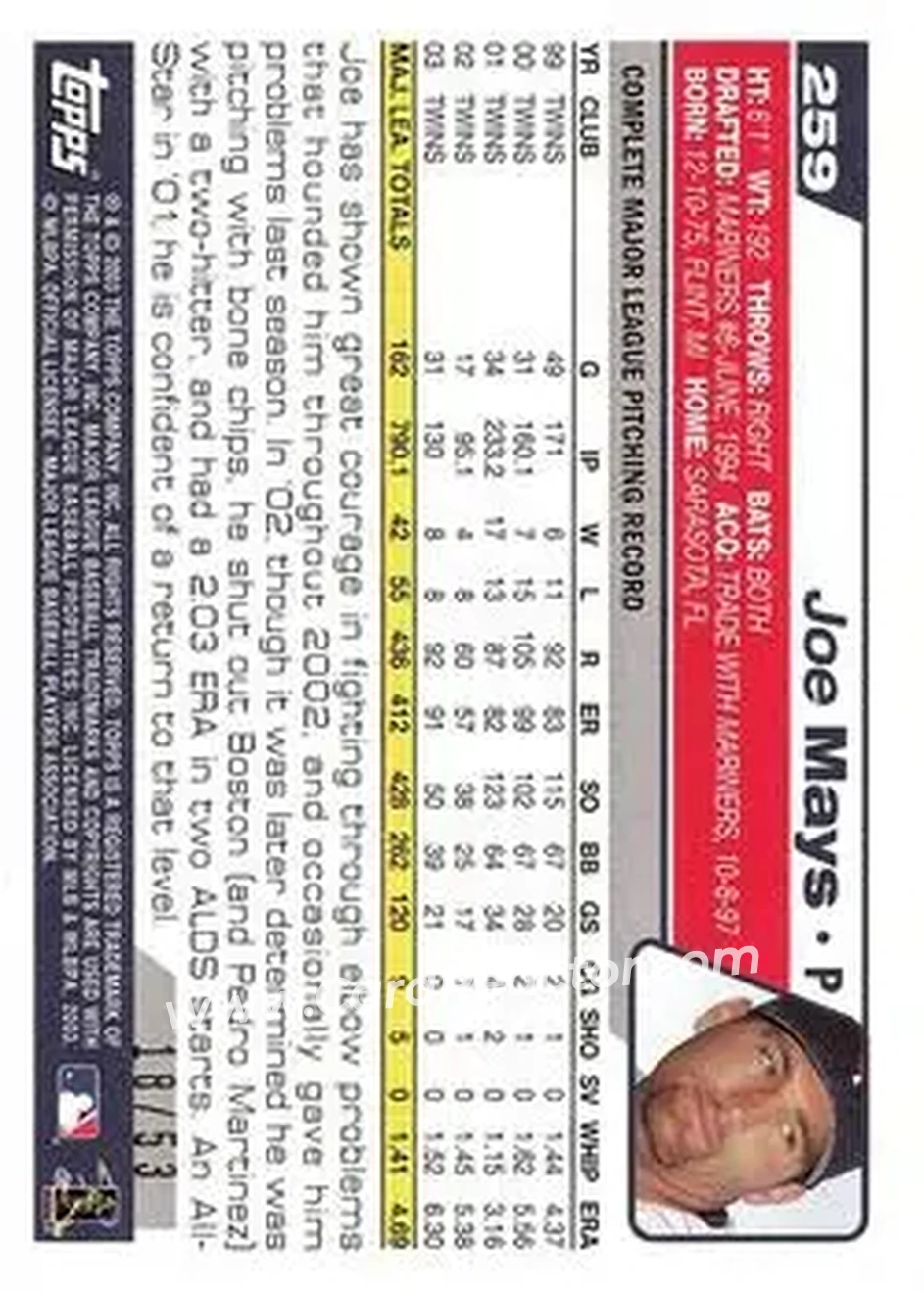 2004 Topps - Black #259 - Joe Mays - Minnesota Twins - Back