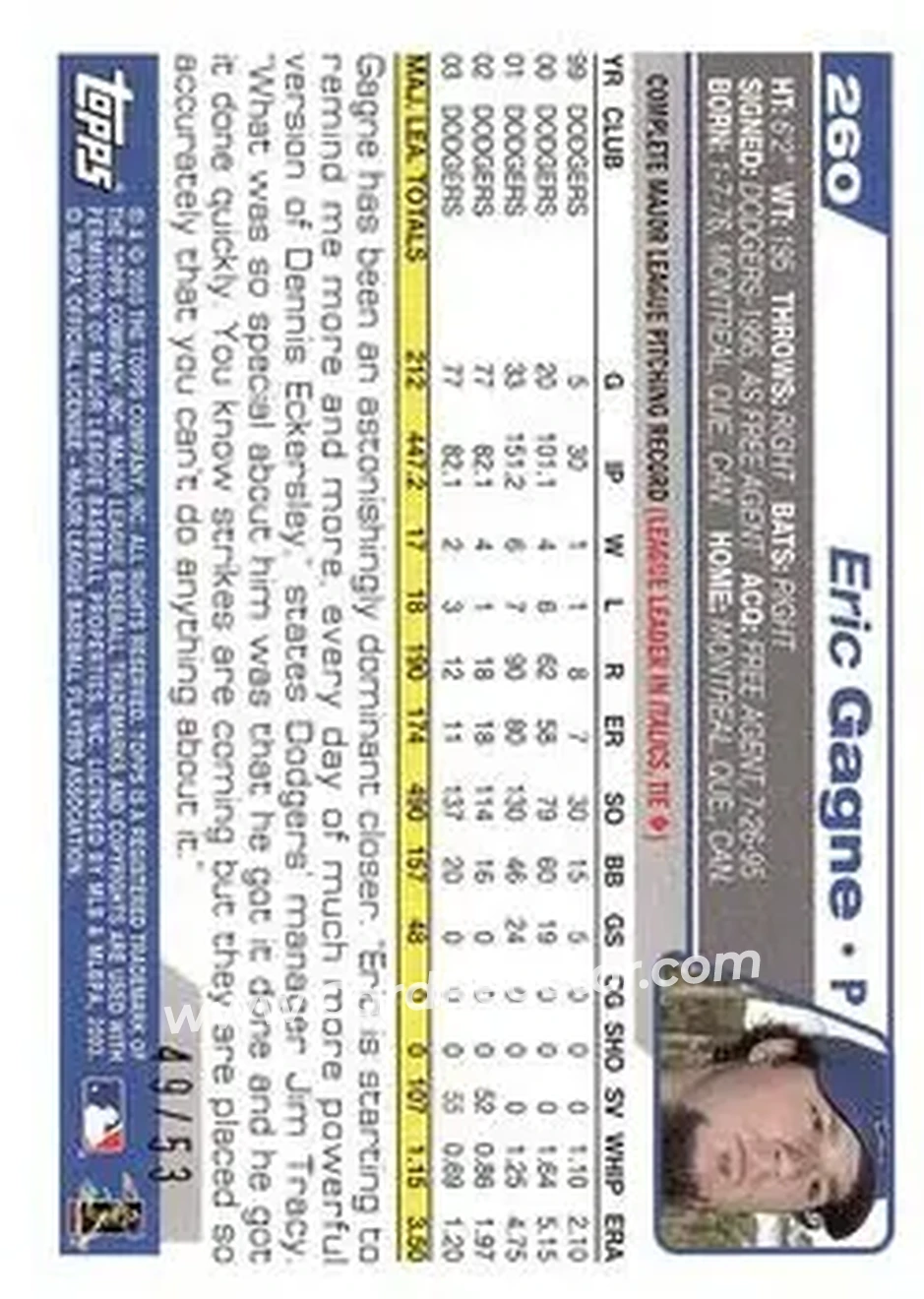 2004 Topps - Black #260 - Eric Gagne - Los Angeles Dodgers - Back