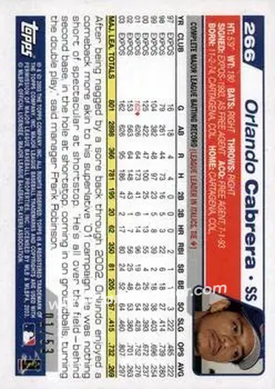 2004 Topps - Black #266 - Orlando Cabrera - Montreal Expos - Back