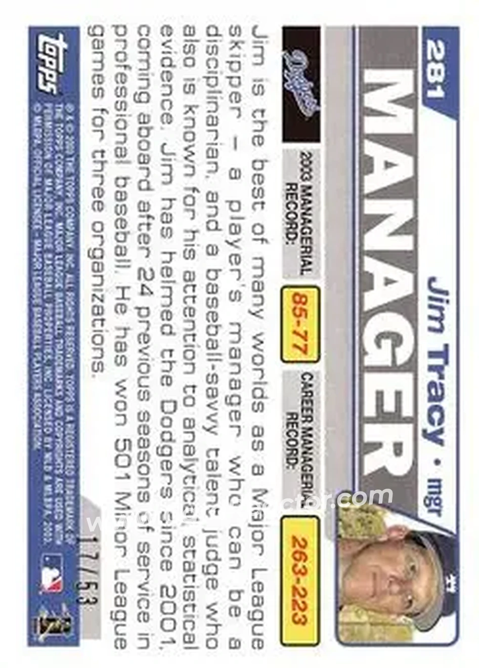 2004 Topps - Black #281 - Jim Tracy - Los Angeles Dodgers - Back