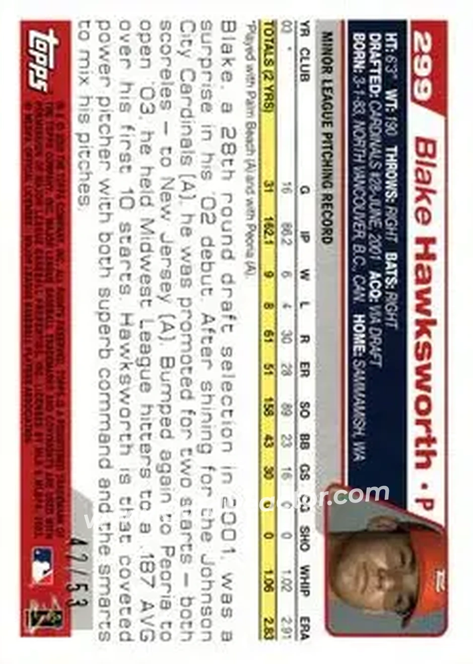 2004 Topps - Black #299 - Blake Hawksworth - St. Louis Cardinals - Back