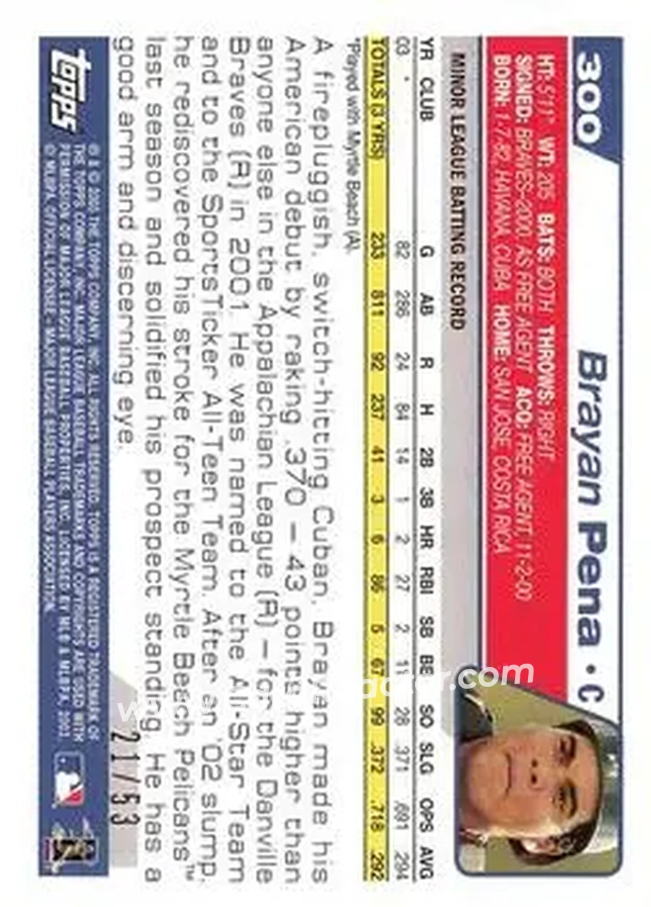 2004 Topps - Black #300 - Brayan Pena - Atlanta Braves - Back