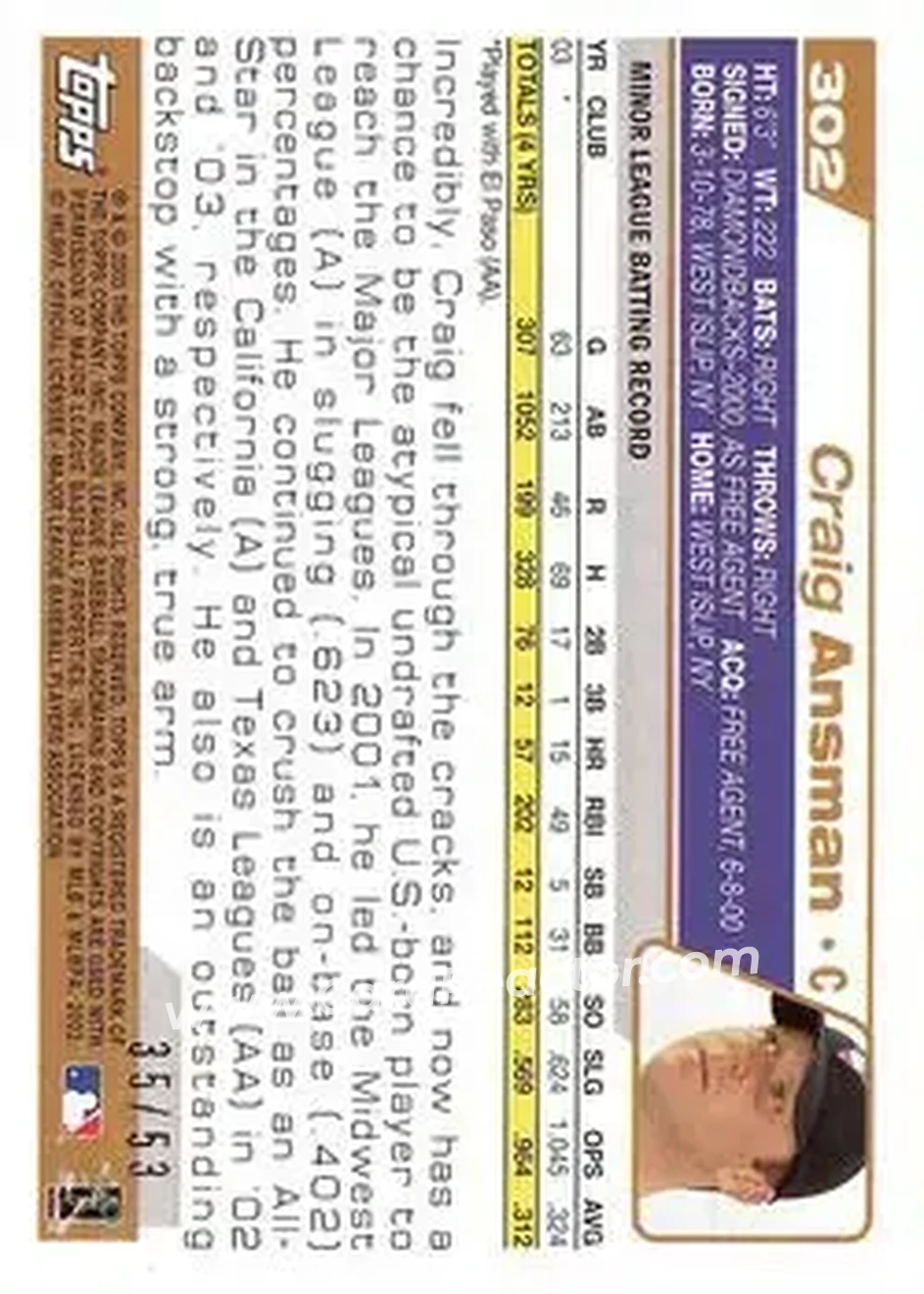 2004 Topps - Black #302 - Craig Ansman - Arizona Diamondbacks - Back