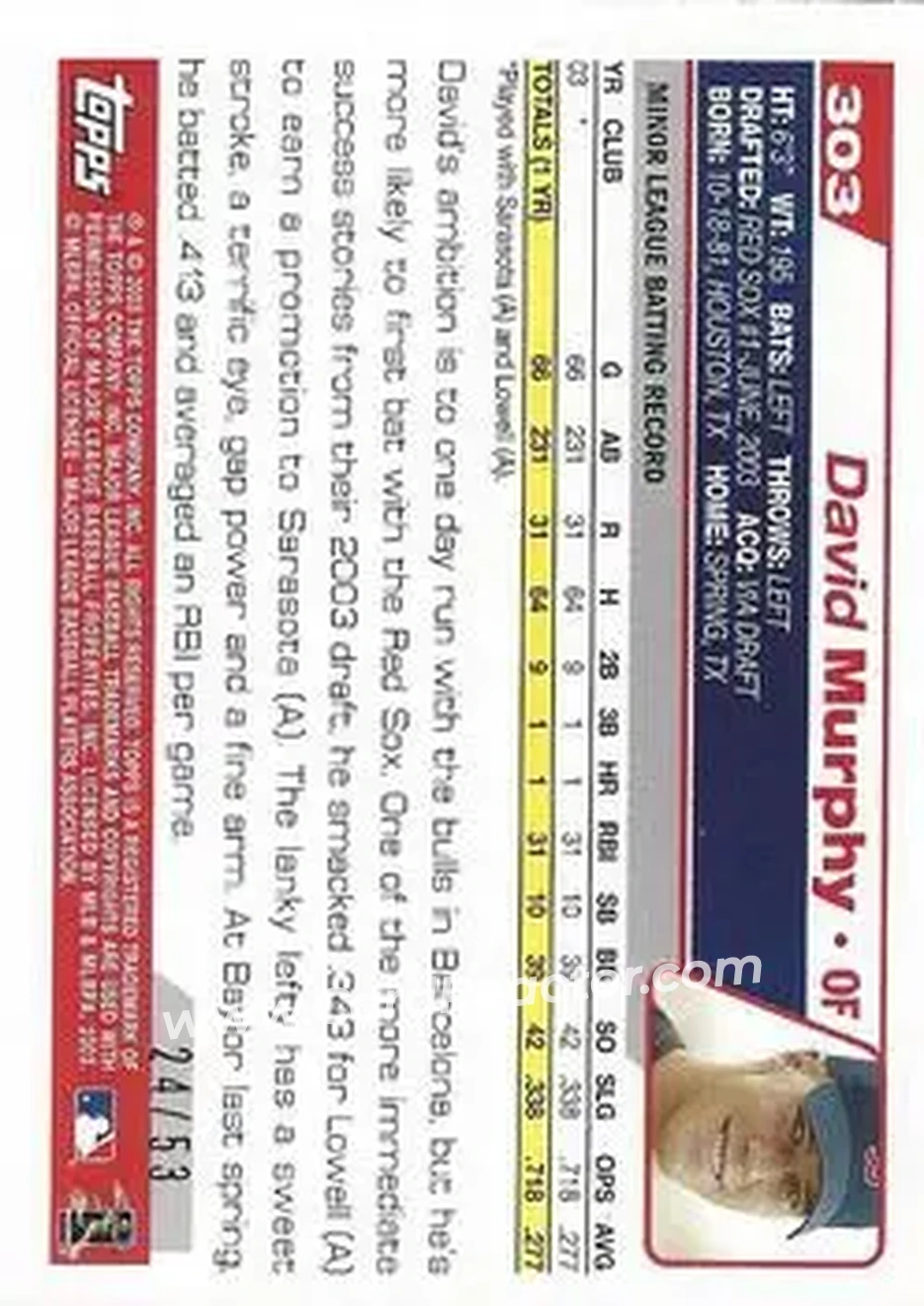 2004 Topps - Black #303 - David Murphy - Boston Red Sox - Back