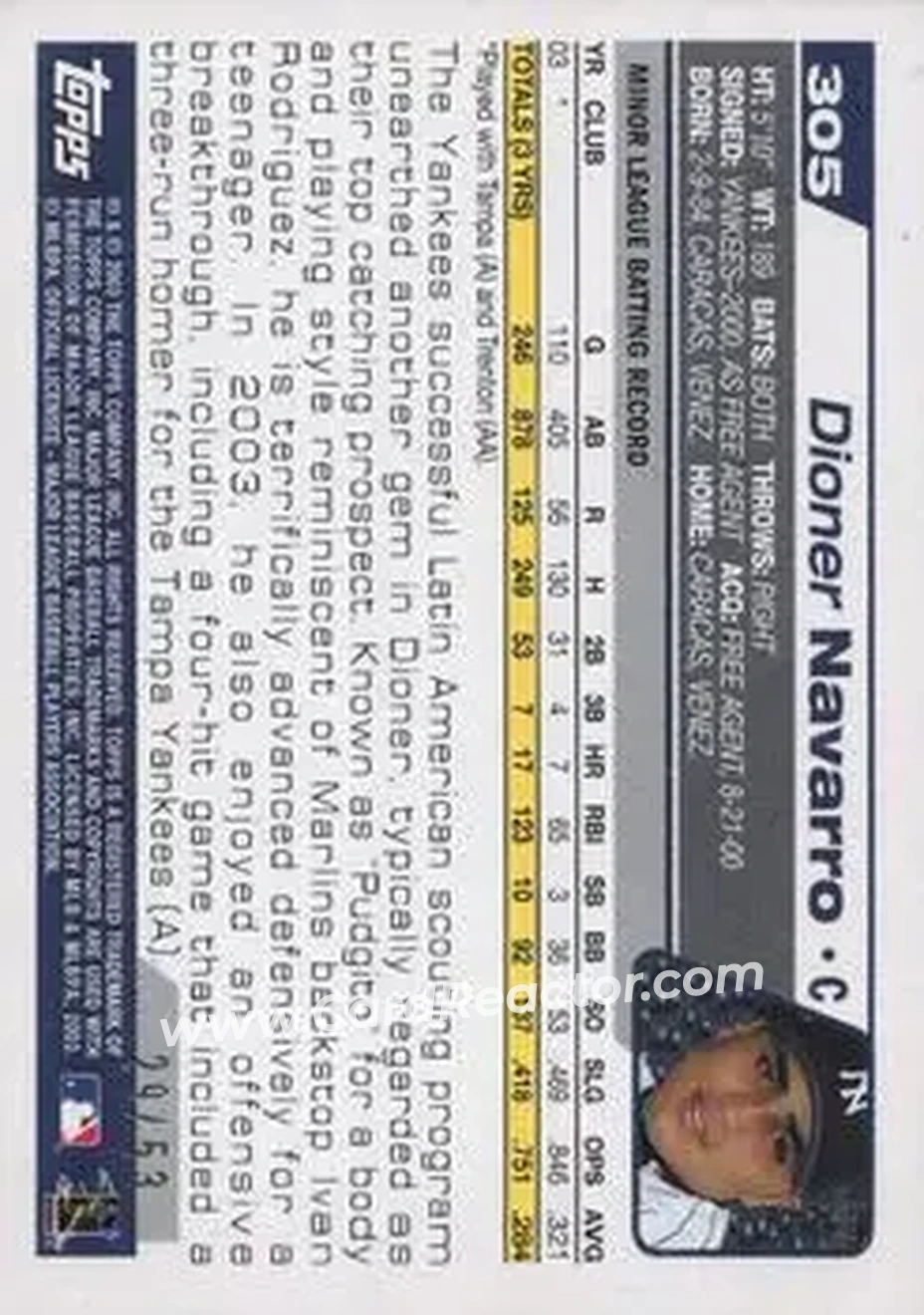2004 Topps - Black #305 - Dioner Navarro - New York Yankees - Back