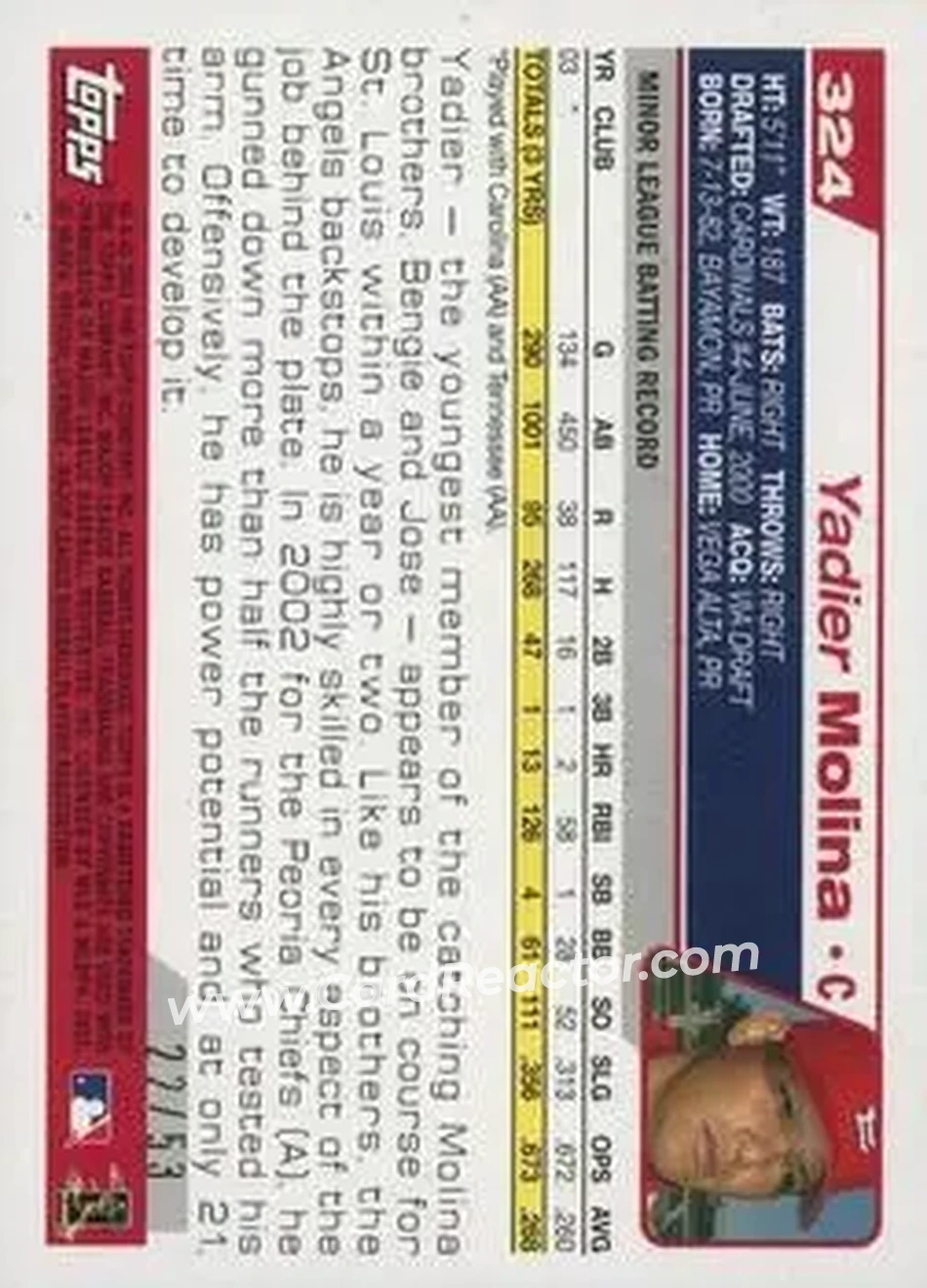 2004 Topps - Black #324 - Yadier Molina - St. Louis Cardinals - Back