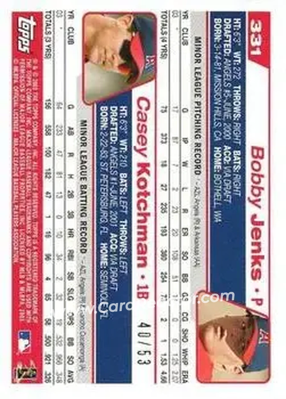 2004 Topps - Black #331 - Bobby Jenks - Casey Kotchman - Anaheim Angels - Back