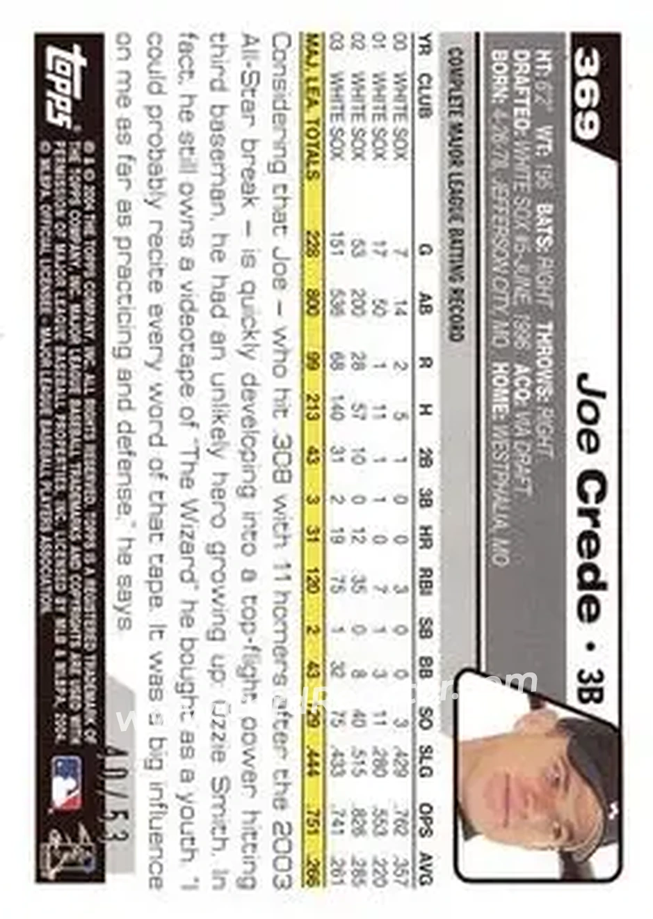 2004 Topps - Black #369 - Joe Crede - Chicago White Sox - Back