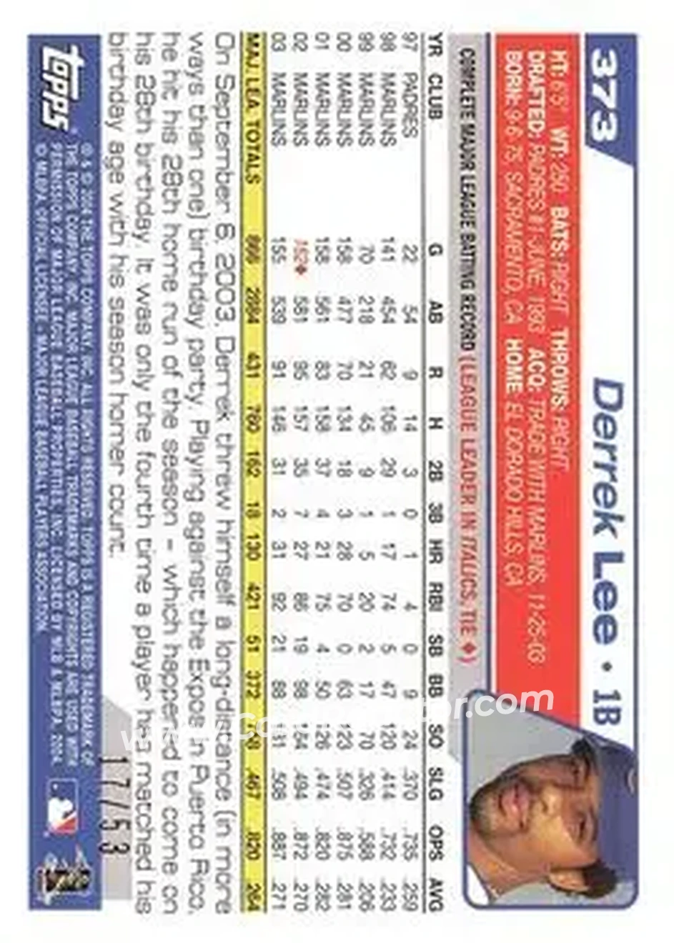 2004 Topps - Black #373 - Derrek Lee - Chicago Cubs - Back 2004 Topps - Black #373 - Derrek Lee - Chicago Cubs - Back