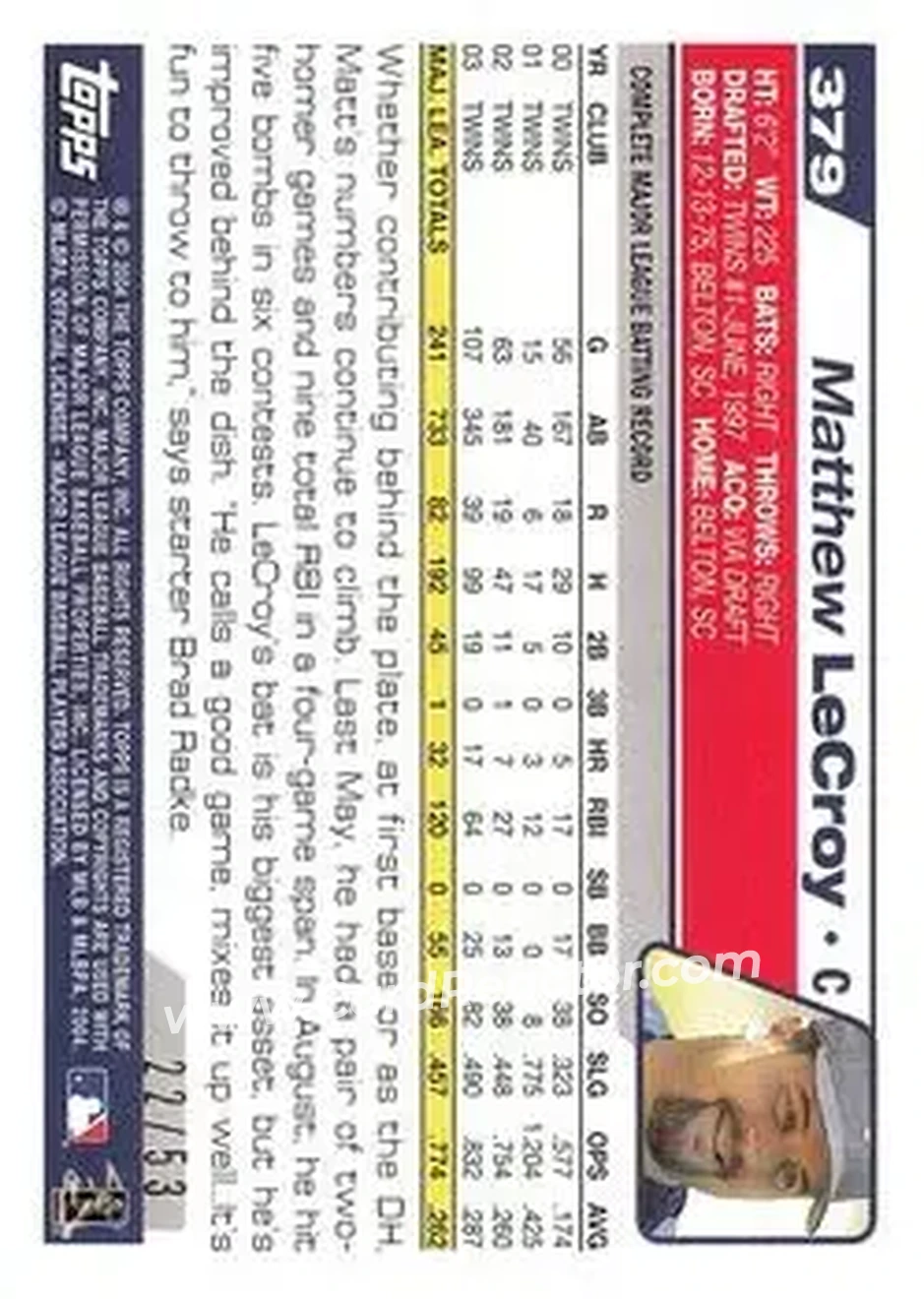2004 Topps - Black #379 - Matt LeCroy - Minnesota Twins - Back