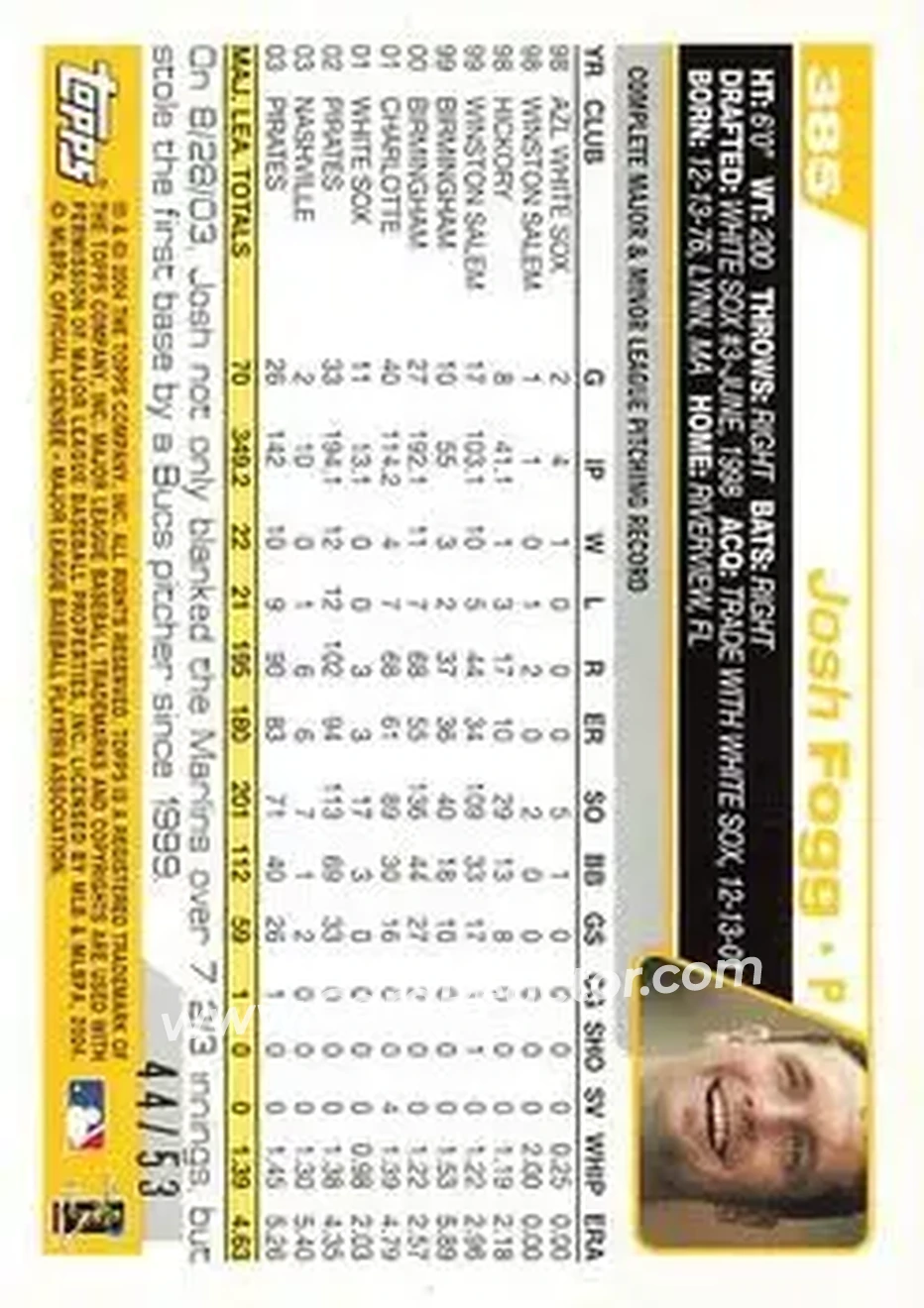 2004 Topps - Black #385 - Josh Fogg - Pittsburgh Pirates - Back