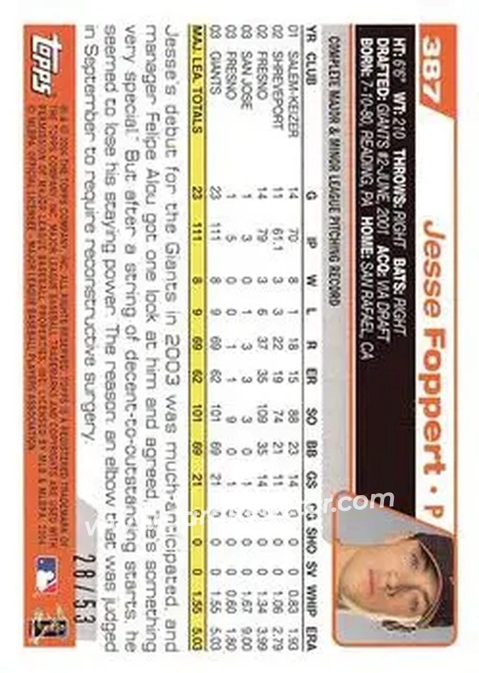 2004 Topps - Black #387 - Jesse Foppert - San Francisco Giants - Back