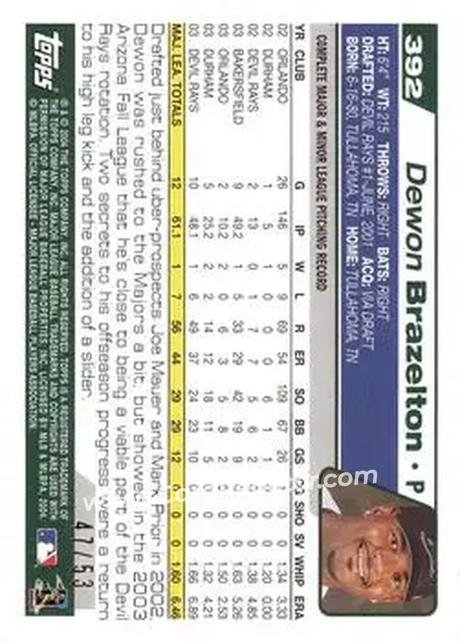 2004 Topps - Black #392 - Dewon Brazelton - Tampa Bay Devil Rays - Back