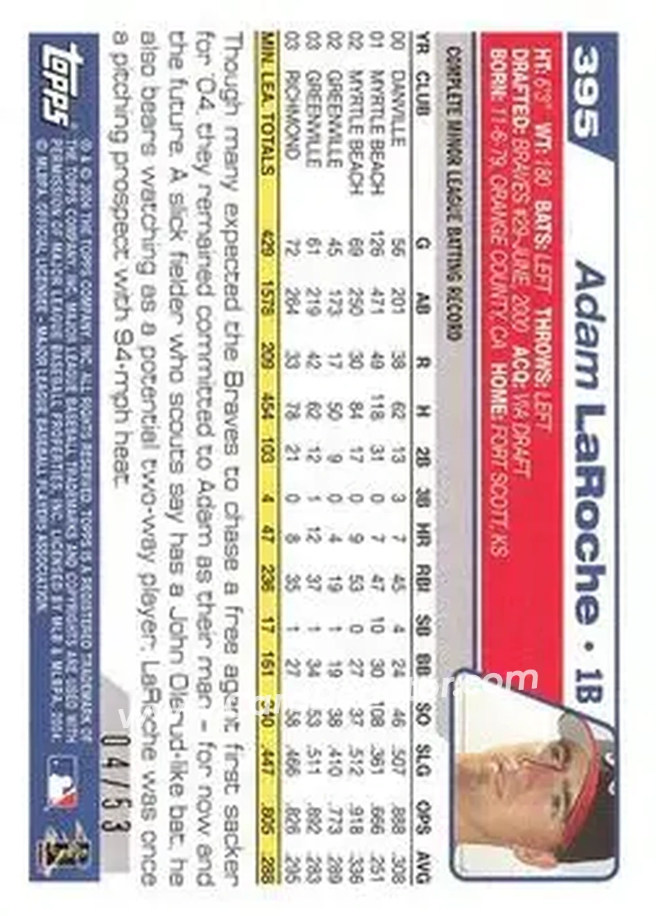 2004 Topps - Black #395 - Adam LaRoche - Atlanta Braves - Back