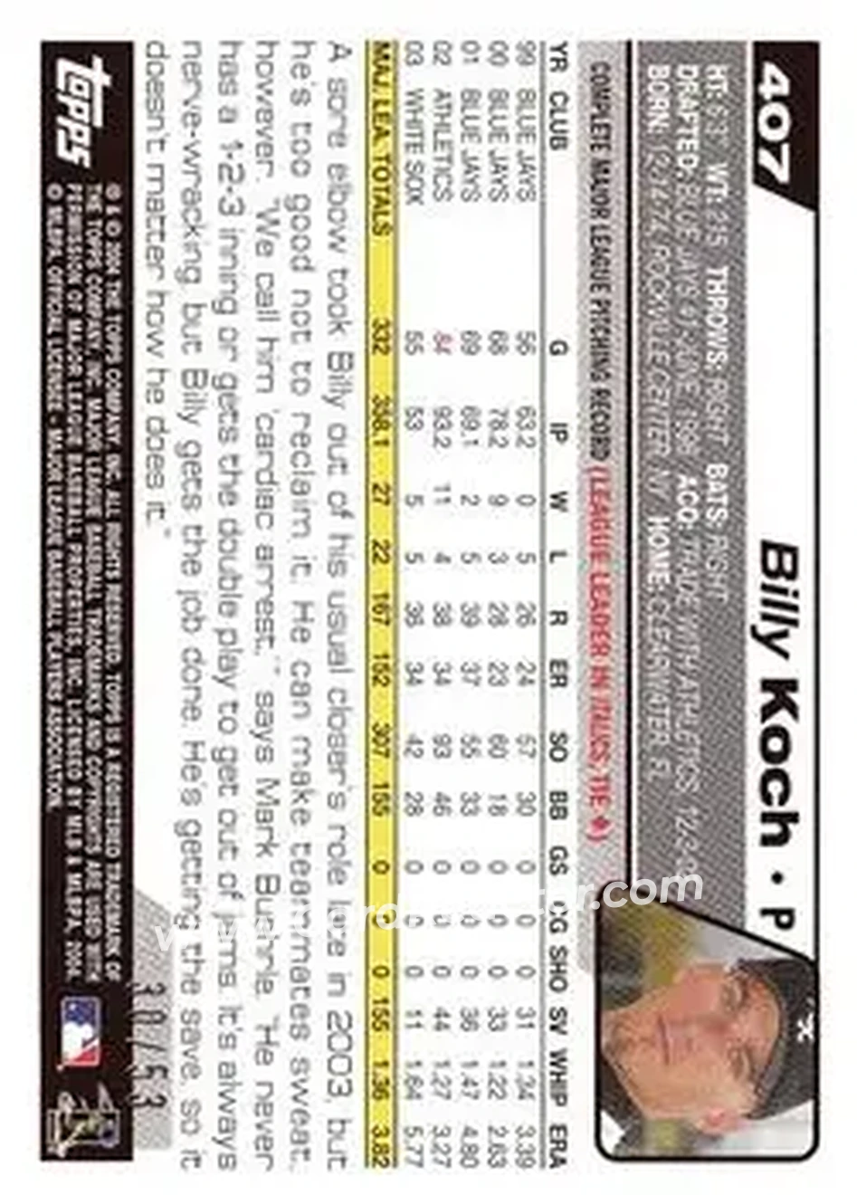 2004 Topps - Black #407 - Billy Koch - Chicago White Sox - Back