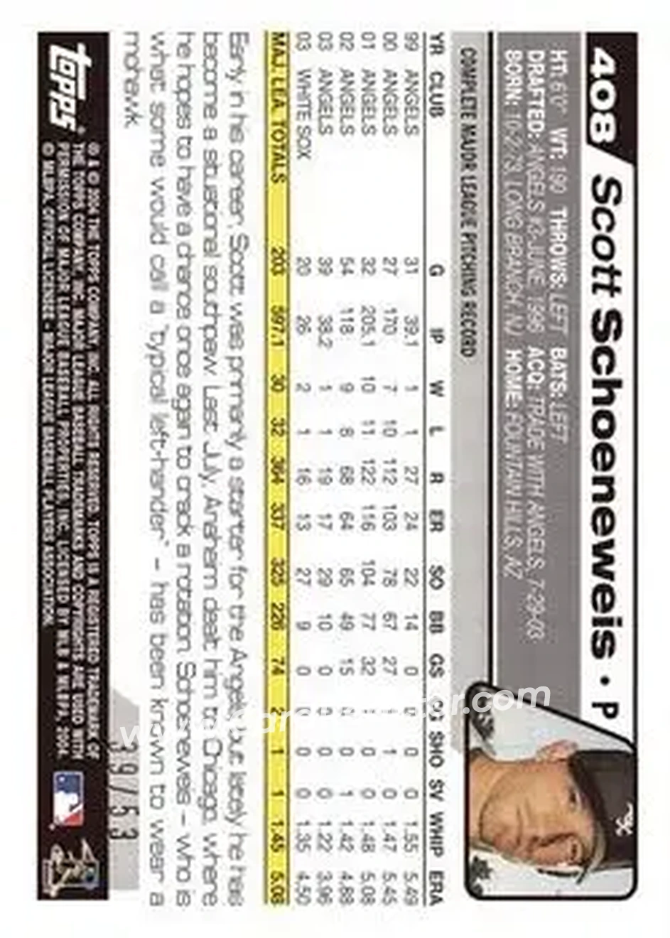2004 Topps - Black #408 - Scott Schoeneweis - Chicago White Sox - Back