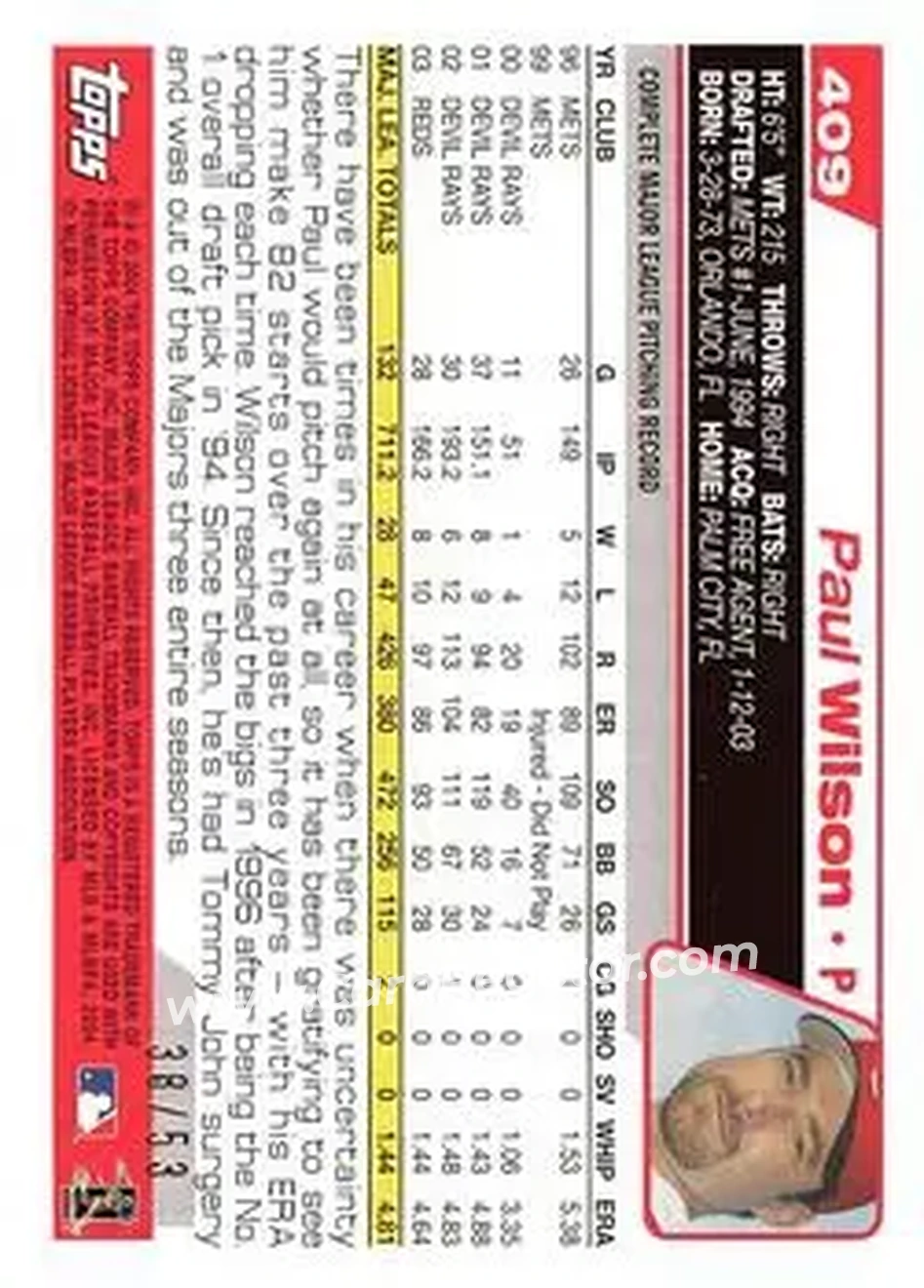 2004 Topps - Black #409 - Paul Wilson - Cincinnati Reds - Back